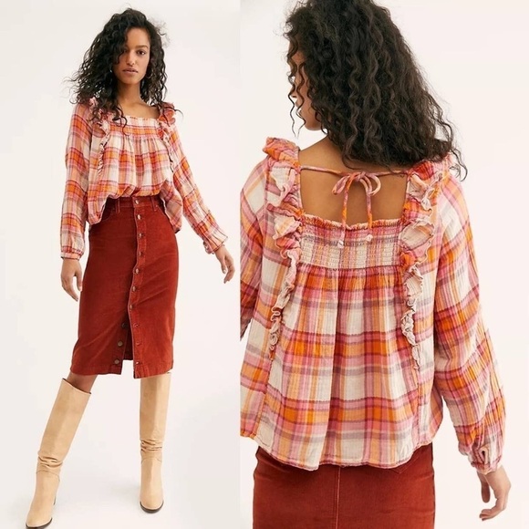 Free People • Siena Plaid Pullover top blouse orange pink smocked peasant - Picture 1 of 14